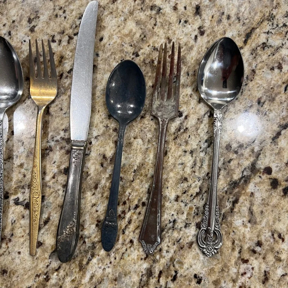 Vintage Mismatched Flatware Lot 8pc someSilverplate Gold Tone Floral Spoons Fork